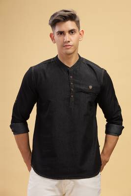 men's black short denim kurta 1