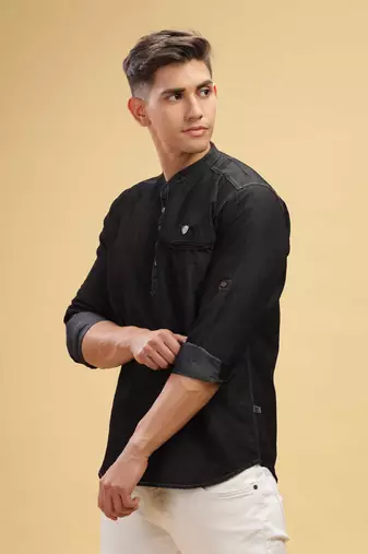men's black short denim kurta