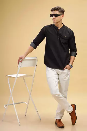 men's black short denim kurta