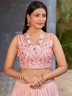 pink thread embroidered georgette wedding lehenga set choli with dupatta 7