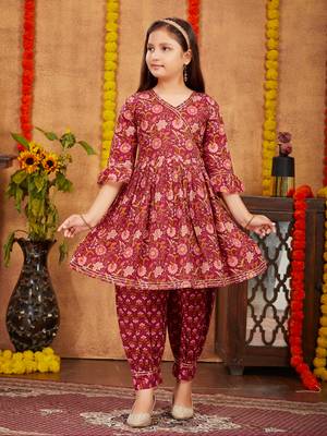 Aarika girls ethnic wear maroon colour floral print with gota work cotton kurti patiala set 1