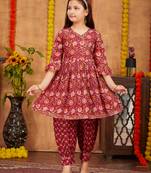 Aarika girls ethnic wear maroon colour floral print with gota work cotton kurti patiala set
