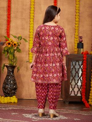 Aarika girls ethnic wear maroon colour floral print with gota work cotton kurti patiala set 4