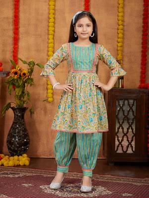 Aarika girls ethnic wear turquoise colour paisley print with lace work cotton kurti patiala set 1