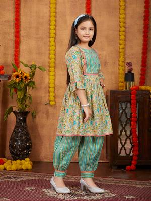 Aarika girls ethnic wear turquoise colour paisley print with lace work cotton kurti patiala set 3