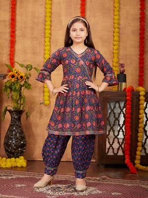 Aarika girls ethnic wear navy blue colour floral print with gota work cotton kurti patiala set 1