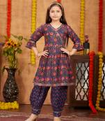 Aarika girls ethnic wear navy blue colour floral print with gota work cotton kurti patiala set