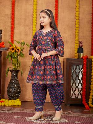 Aarika girls ethnic wear navy blue colour floral print with gota work cotton kurti patiala set 2