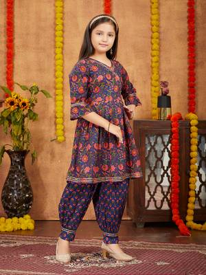 Aarika girls ethnic wear navy blue colour floral print with gota work cotton kurti patiala set 3