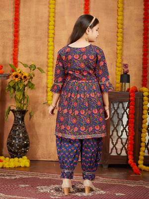 Aarika girls ethnic wear navy blue colour floral print with gota work cotton kurti patiala set 4
