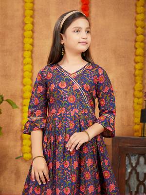 Aarika girls ethnic wear navy blue colour floral print with gota work cotton kurti patiala set 5