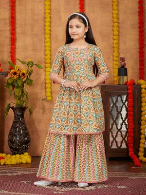Aarika girls ethnic wear peach colour abstract print with gota work cotton kurti sharara set 1