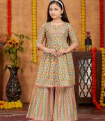 Aarika girls ethnic wear peach colour abstract print with gota work cotton kurti sharara set