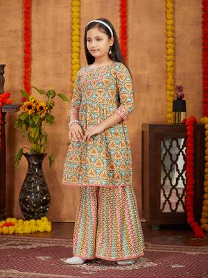 Aarika girls ethnic wear peach colour abstract print with gota work cotton kurti sharara set 2