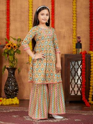 Aarika girls ethnic wear peach colour abstract print with gota work cotton kurti sharara set 3