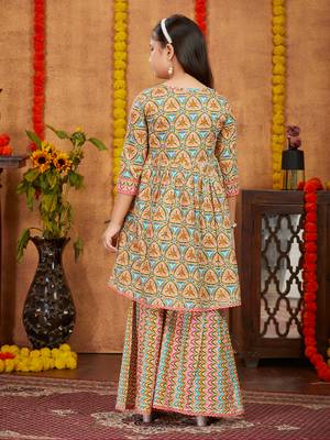 Aarika girls ethnic wear peach colour abstract print with gota work cotton kurti sharara set 4