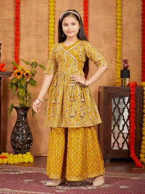 Aarika girls ethnic wear mustard colour damask print with gota work cotton kurti sharara set 1