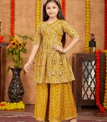 Aarika girls ethnic wear mustard colour damask print with gota work cotton kurti sharara set