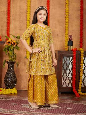 Aarika girls ethnic wear mustard colour damask print with gota work cotton kurti sharara set 3