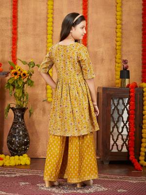 Aarika girls ethnic wear mustard colour damask print with gota work cotton kurti sharara set 4