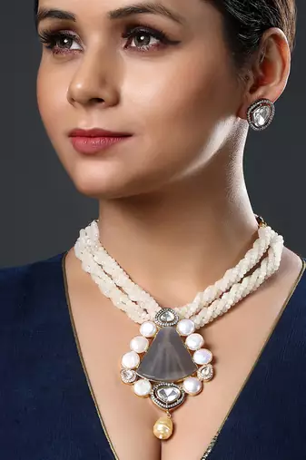 Agates, baroque pearls micron gold polis brass necklace set
