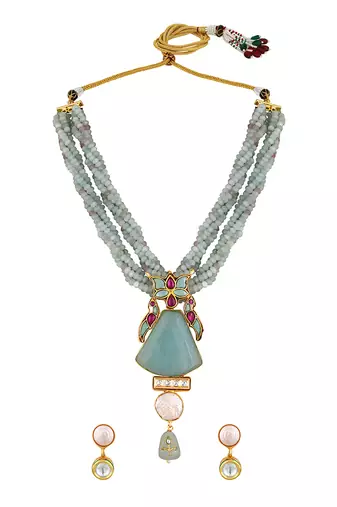 Agates, baroque pearls micron gold polis brass necklace set