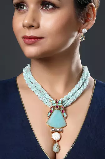 Agates, baroque pearls micron gold polis brass necklace set
