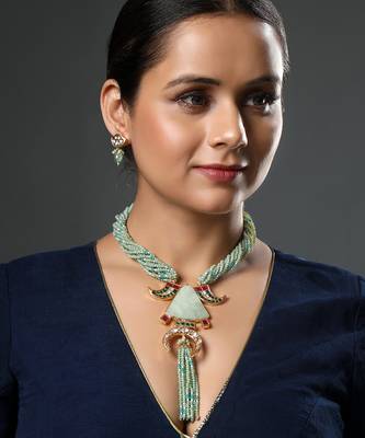 Green quartz, italian crystal micron gold polis brass necklace set 1