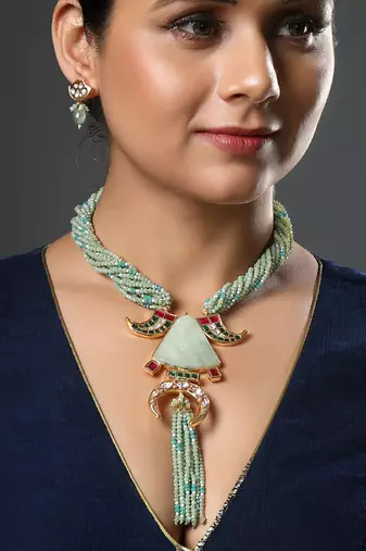 Green quartz, italian crystal micron gold polis brass necklace set