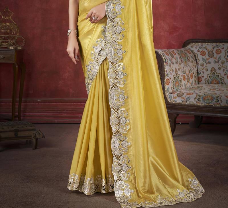 Indian Women Were Haldi Function  Yellow Soft  Silk Saree with Sequnce Embroidery Cut  Work  with Blouse