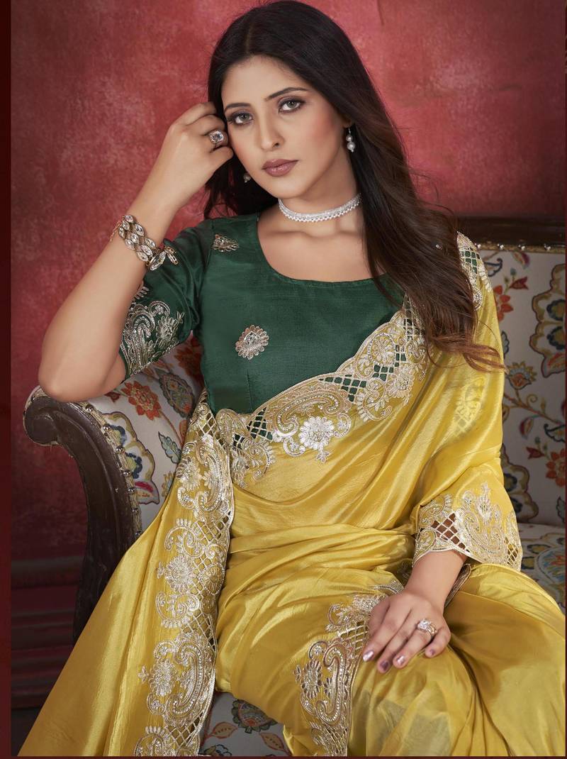 Indian Women Were Haldi Function  Yellow Soft  Silk Saree with Sequnce Embroidery Cut  Work  with Blouse
