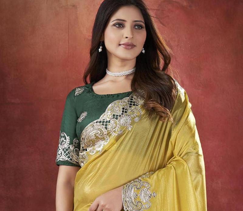 Indian Women Were Haldi Function  Yellow Soft  Silk Saree with Sequnce Embroidery Cut  Work  with Blouse