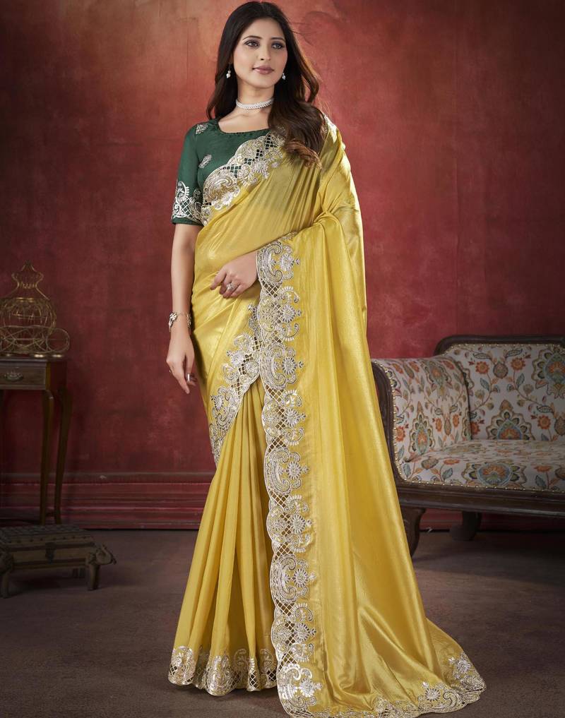 Indian Women Were Haldi Function  Yellow Soft  Silk Saree with Sequnce Embroidery Cut  Work  with Blouse