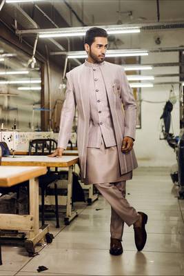 Lavender thread embroidered indowestern with waistcoat 1
