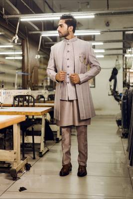 Lavender thread embroidered indowestern with waistcoat 2