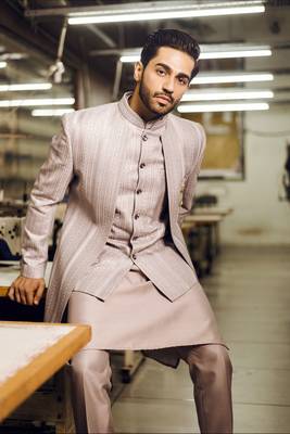 Lavender thread embroidered indowestern with waistcoat 3