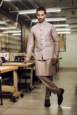 Lavender thread embroidered indowestern with waistcoat 4