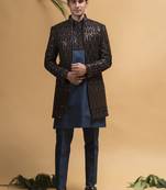 Reshan and sequins embroidered teal blue open indowestern on velvet