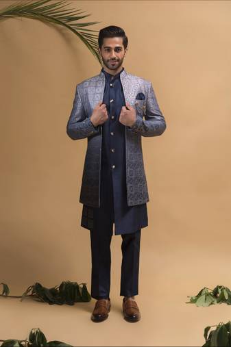 Blue ombre resham and sequins embroidered indowestern set
