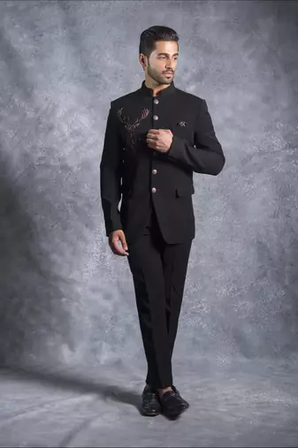 Black hand embroidered bandhgala set