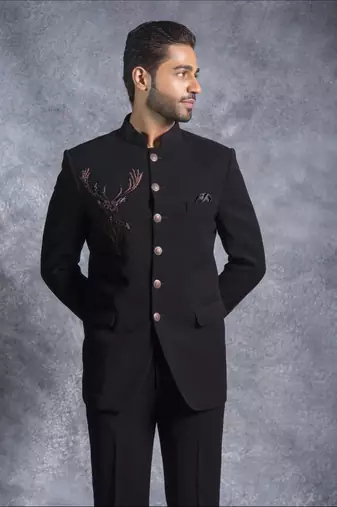 Black hand embroidered bandhgala set