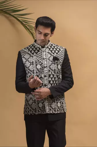 Black bandhgala set with nehru jacket 