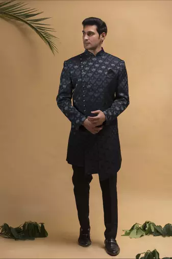 Green resham enbroidered indowestern set on silk