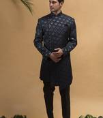 Green resham enbroidered indowestern set on silk