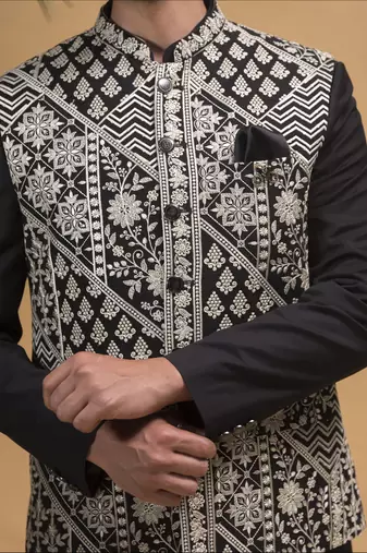 Black bandhgala set with nehru jacket 