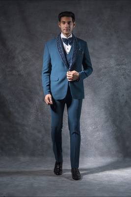 teal blue tuxedo suit with lapel embroidery 1