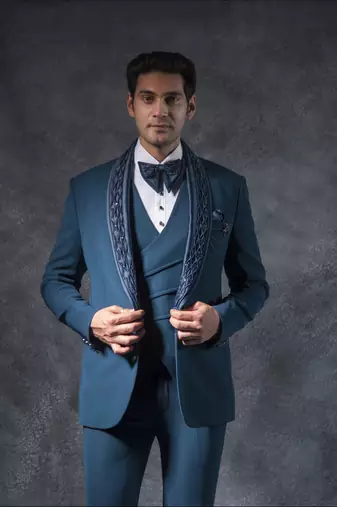 teal blue tuxedo suit with lapel embroidery