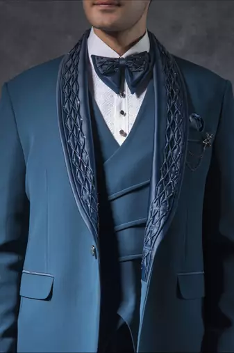 teal blue tuxedo suit with lapel embroidery