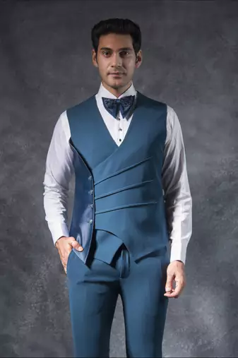 teal blue tuxedo suit with lapel embroidery