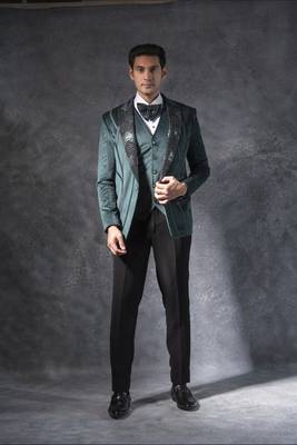 Bottle green zardosi embroidered tuxedo suit on suede fabric 1